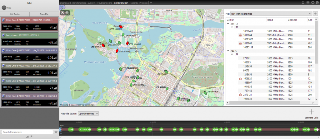 Echo tools 4.0 upgrade with Cell estimation view on Echo Studio. The view displays estimated cell location on the map in green and manually relocated known cell locations in red.