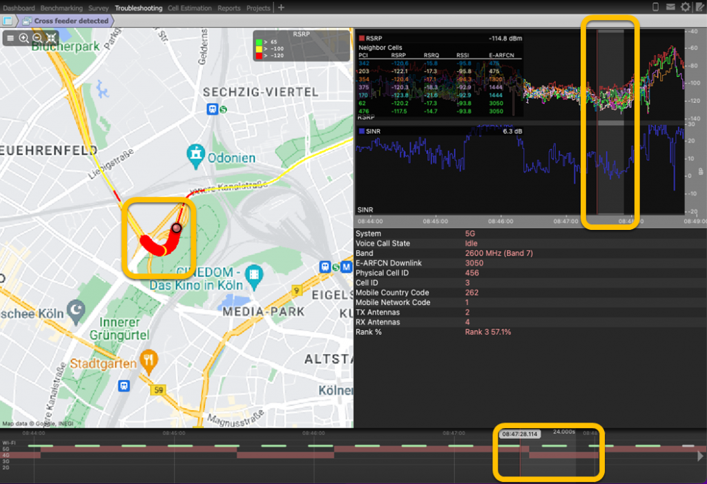 Troubleshooting toolkit view of the Echo tools 4.0 upgrade. An issue is clicked open and displayed on the map view, chart view and timeline.