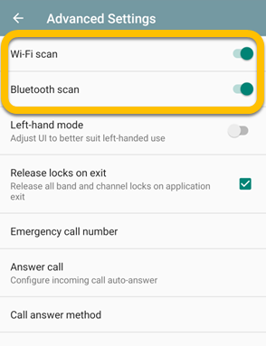 Toggles for Wi-Fi and BlueTooth views under the advanced settings in Echo One user interface.