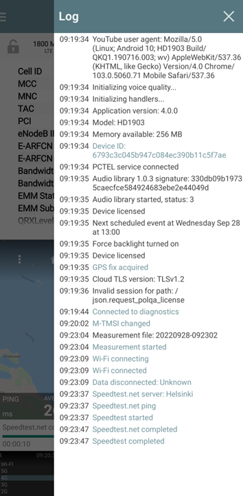 Echo One user interface with the opened log on display.